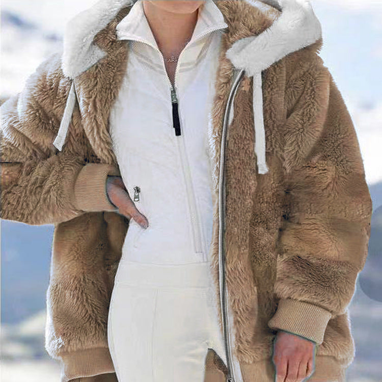 Autumn and Winter Loose Plush Zipper Hooded Jacket