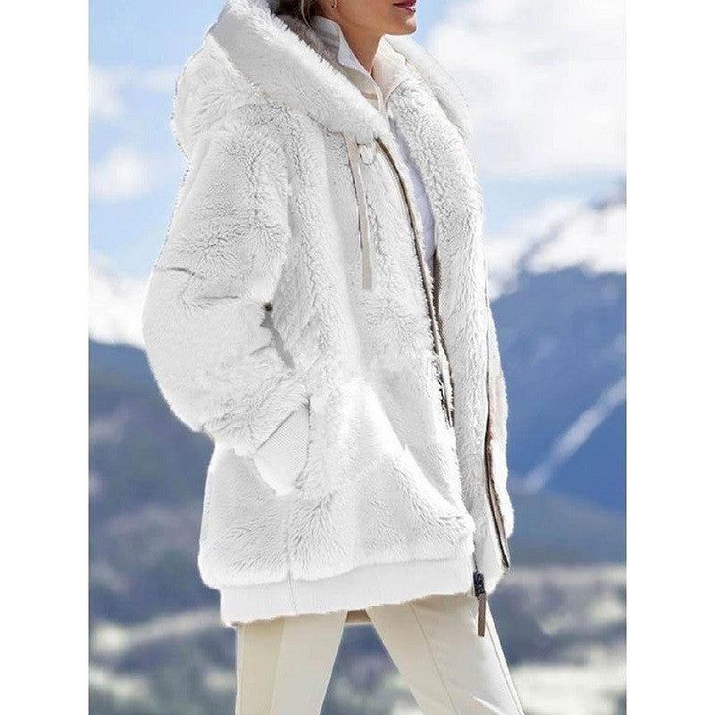 Autumn and Winter Loose Plush Zipper Hooded Jacket