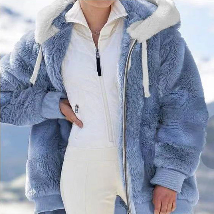 Autumn and Winter Loose Plush Zipper Hooded Jacket