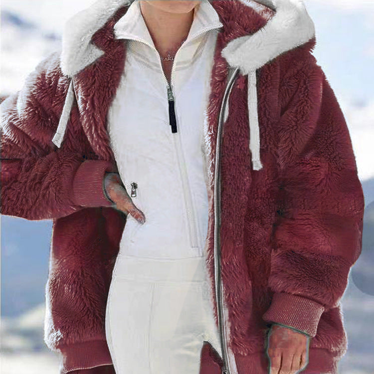 Autumn and Winter Loose Plush Zipper Hooded Jacket