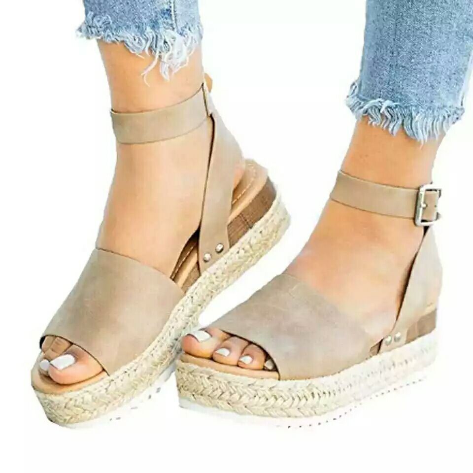 Open Toe Buckle Ankle Strap Espadrilles Flatform Wedge Casual Sandal