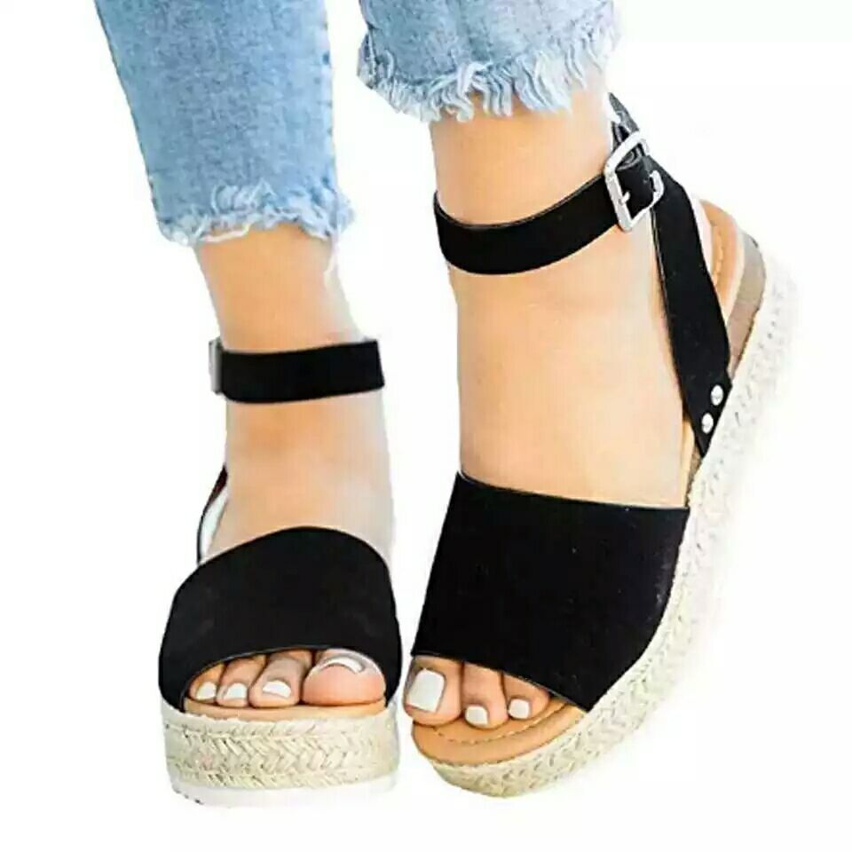 Open Toe Buckle Ankle Strap Espadrilles Flatform Wedge Casual Sandal