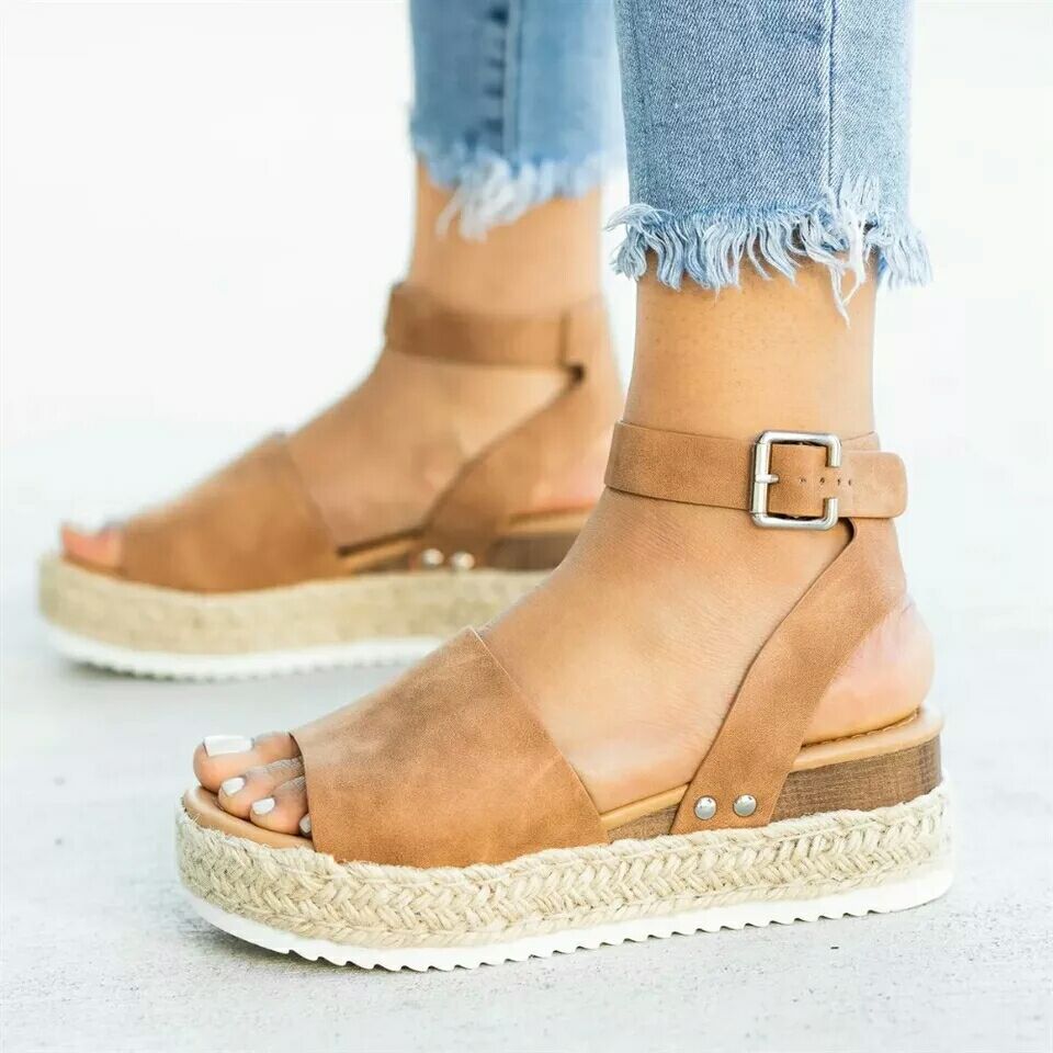 Open Toe Buckle Ankle Strap Espadrilles Flatform Wedge Casual Sandal