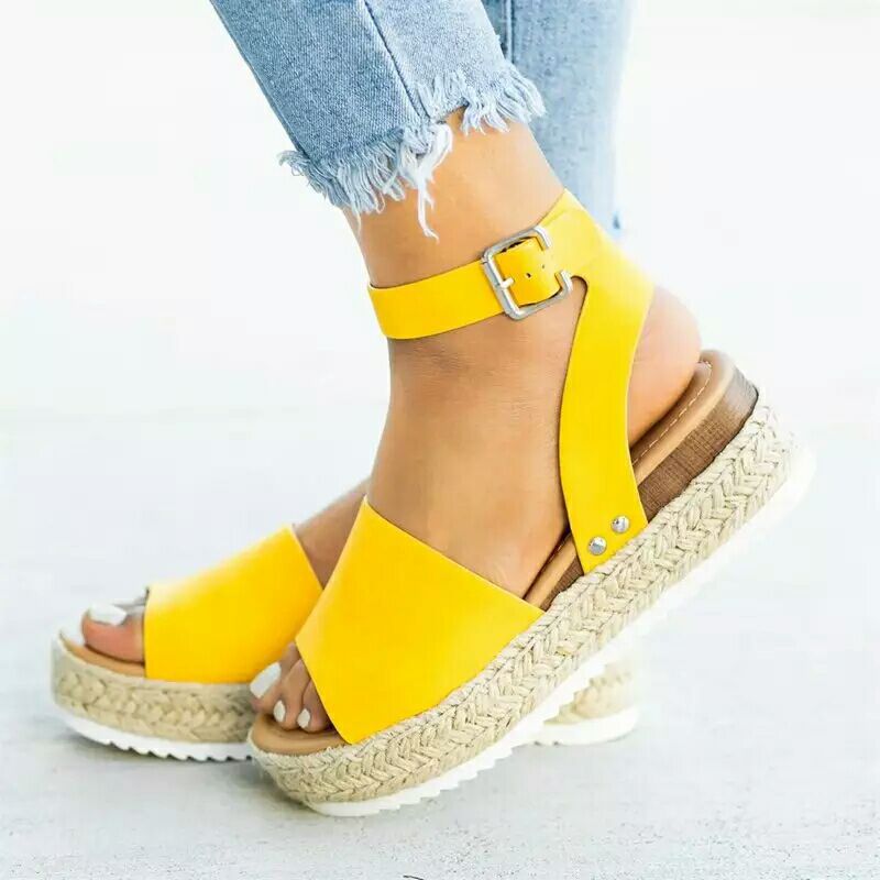 Open Toe Buckle Ankle Strap Espadrilles Flatform Wedge Casual Sandal