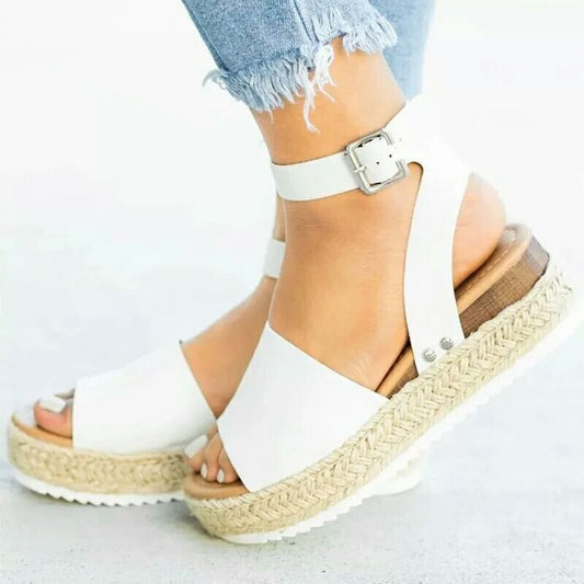 Open Toe Buckle Ankle Strap Espadrilles Flatform Wedge Casual Sandal