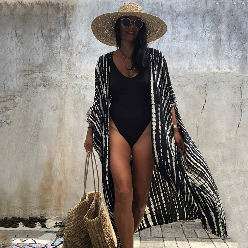 Stylish Tie Dye Open Front Long Kimono Swimsuit Cover up