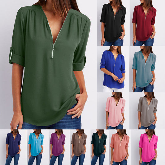 Solid V Neck Blouse