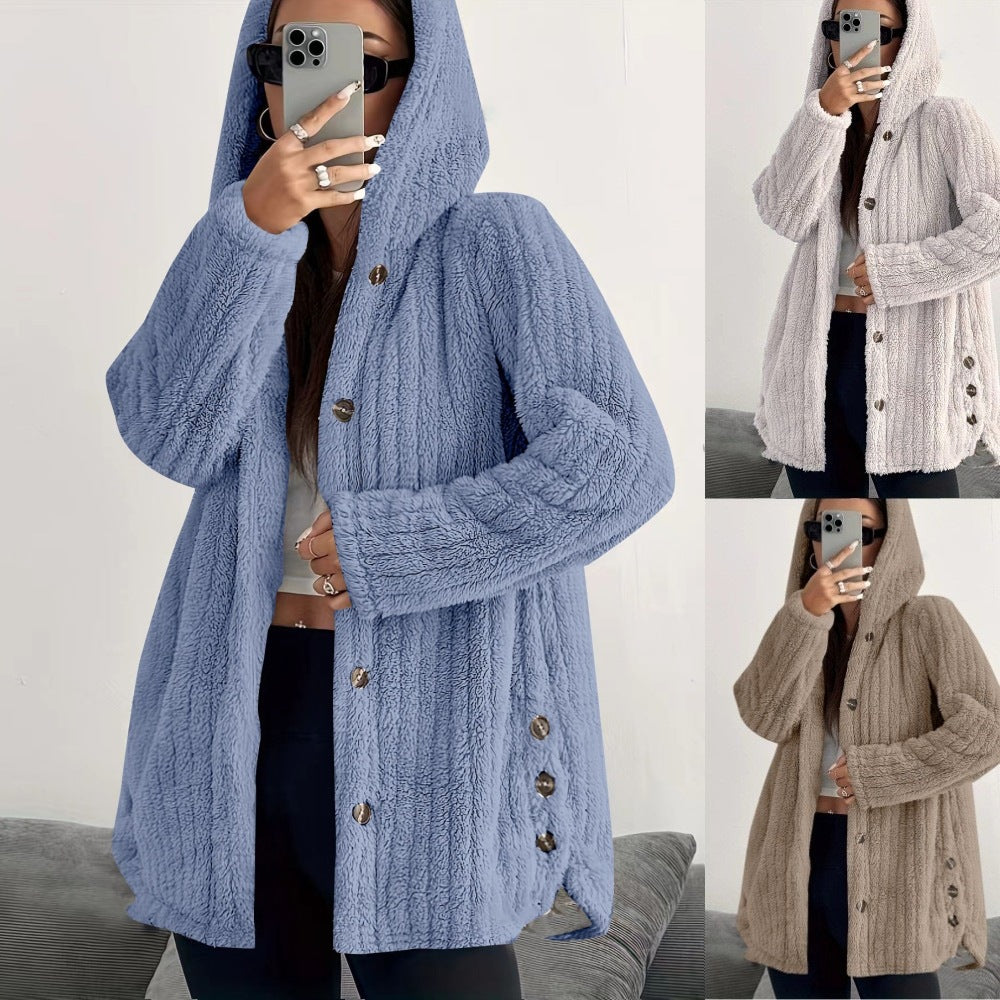 Long-sleeved Hooded Loose Plush Coat