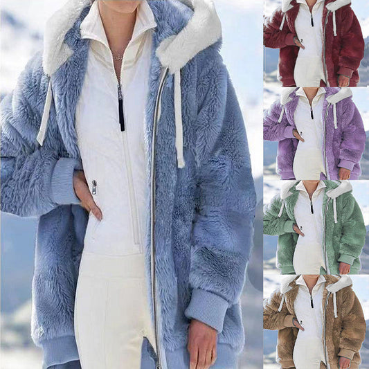 Autumn and Winter Loose Plush Zipper Hooded Jacket