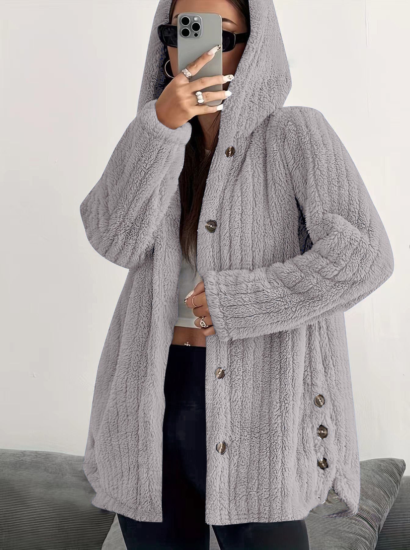 Long-sleeved Hooded Loose Plush Coat