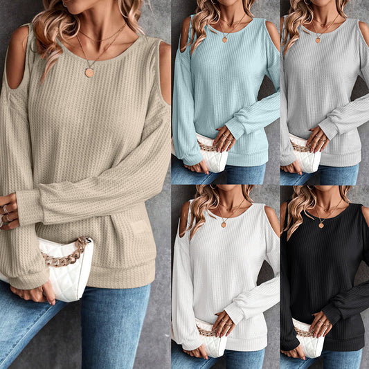 Autumn Women's Knitted Sweater with Open Shoulders Long Sleeve Crop Top