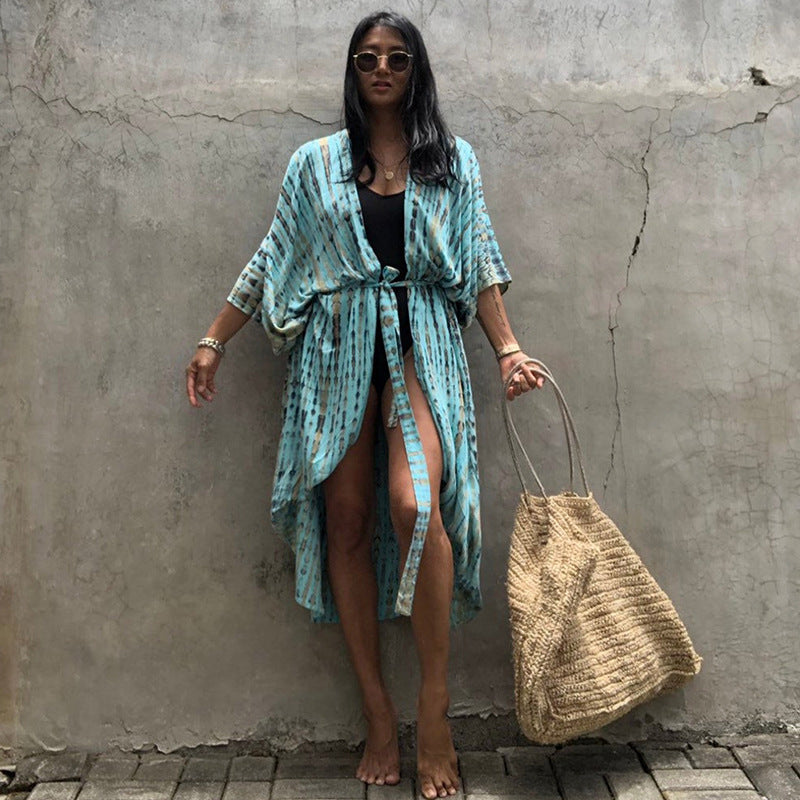 Stylish Tie Dye Open Front Long Kimono Swimsuit Cover up