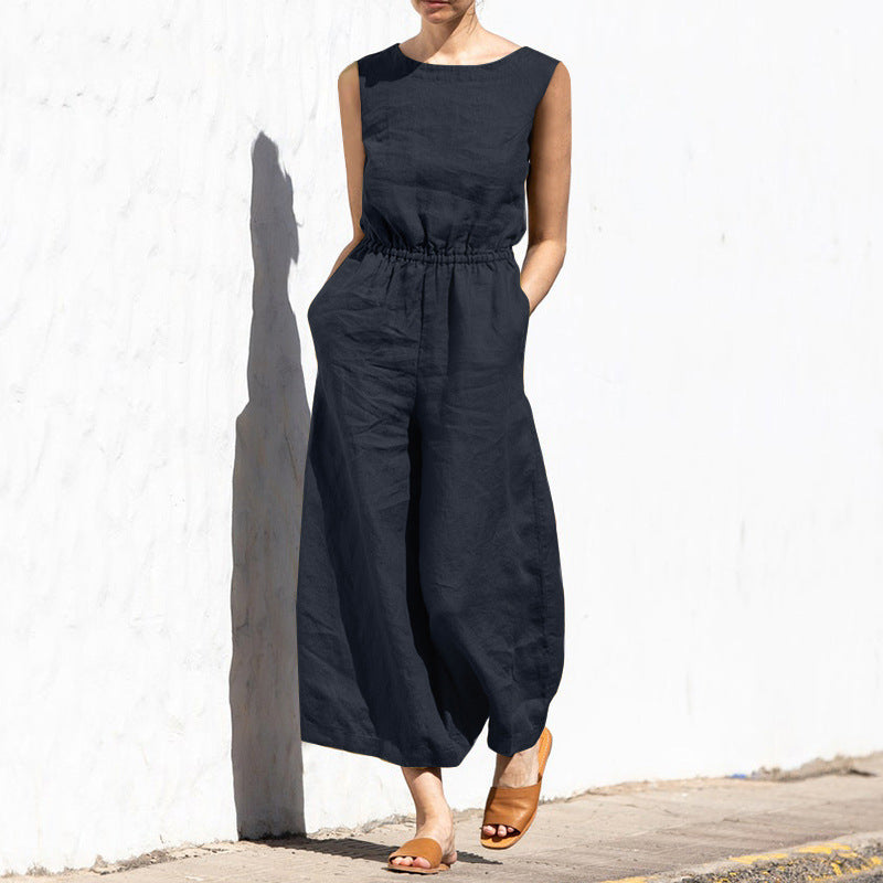 Women's Casual High Waist Sleeveless Wide Leg Jumpsuit