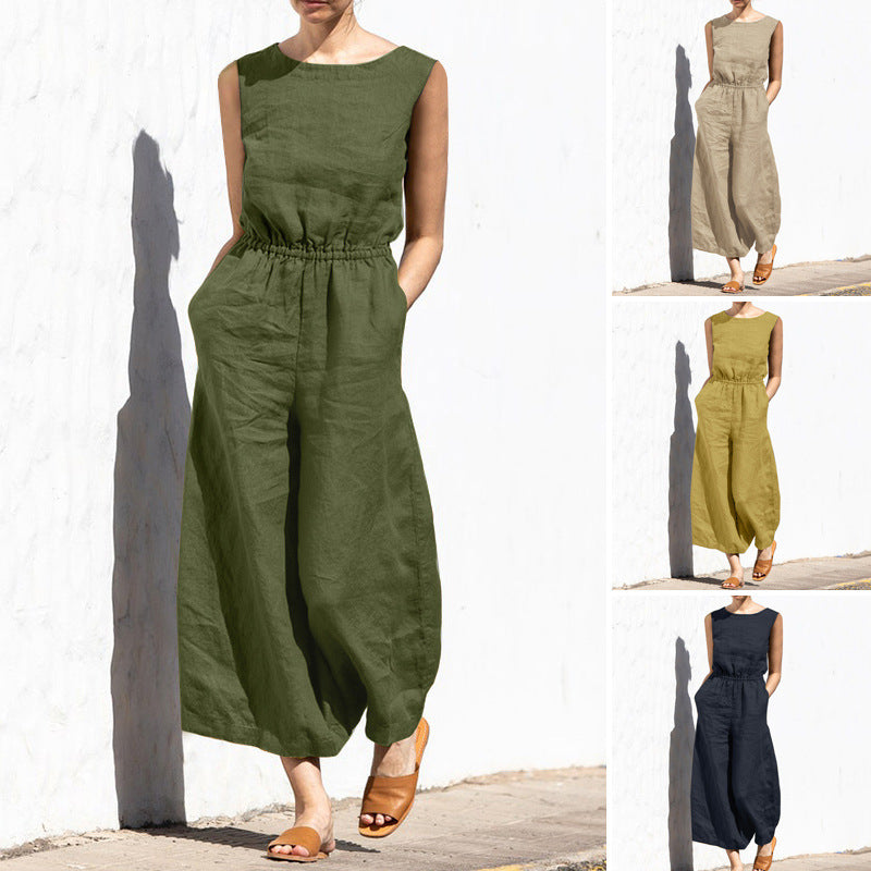 Women's Casual High Waist Sleeveless Wide Leg Jumpsuit