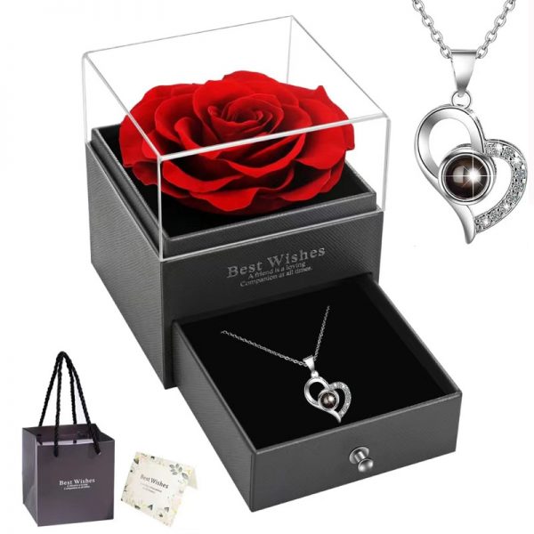 Preserved Rose w/Love You Necklaces Gift Set