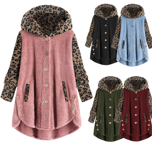 Button-down Long-sleeved Leopard Print Hooded Plush Coat