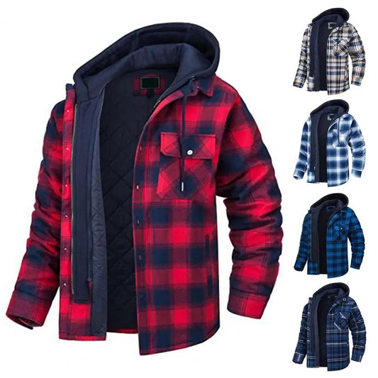 Men's Thickened Hooded Plaid Shirt Casual Jacket